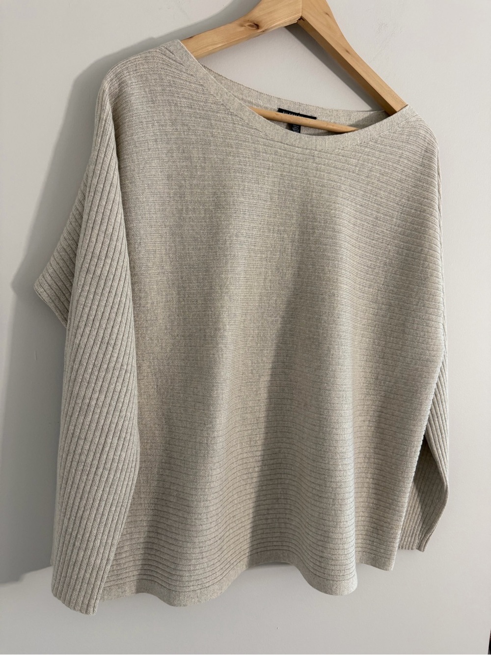 Eileen Fisher 100% Wool Seeater Womens M Beige Dolman Ribbed Pullover Minimalist - Picture 3 of 9